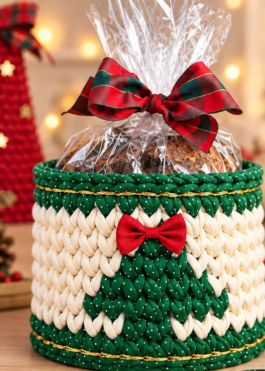 Cesto Pinheiro de Natal em crochê de fio de malha verde poá e cru, com lacinho vermelho e linha dourada, segurando um panetone embrulhado